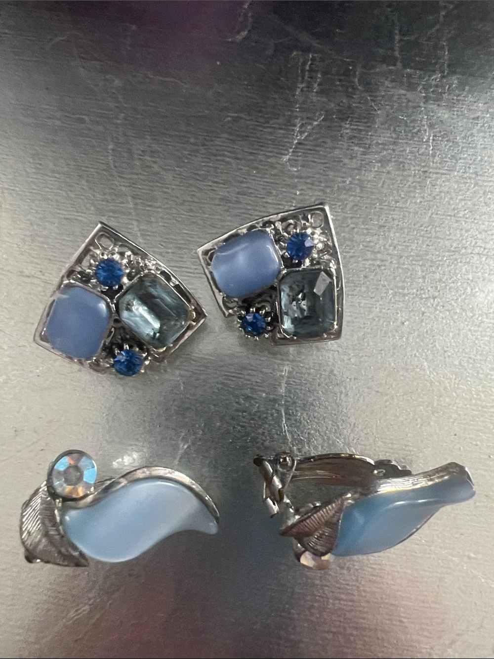 Vintage Blue Glass Clip-On Earrings Unbranded